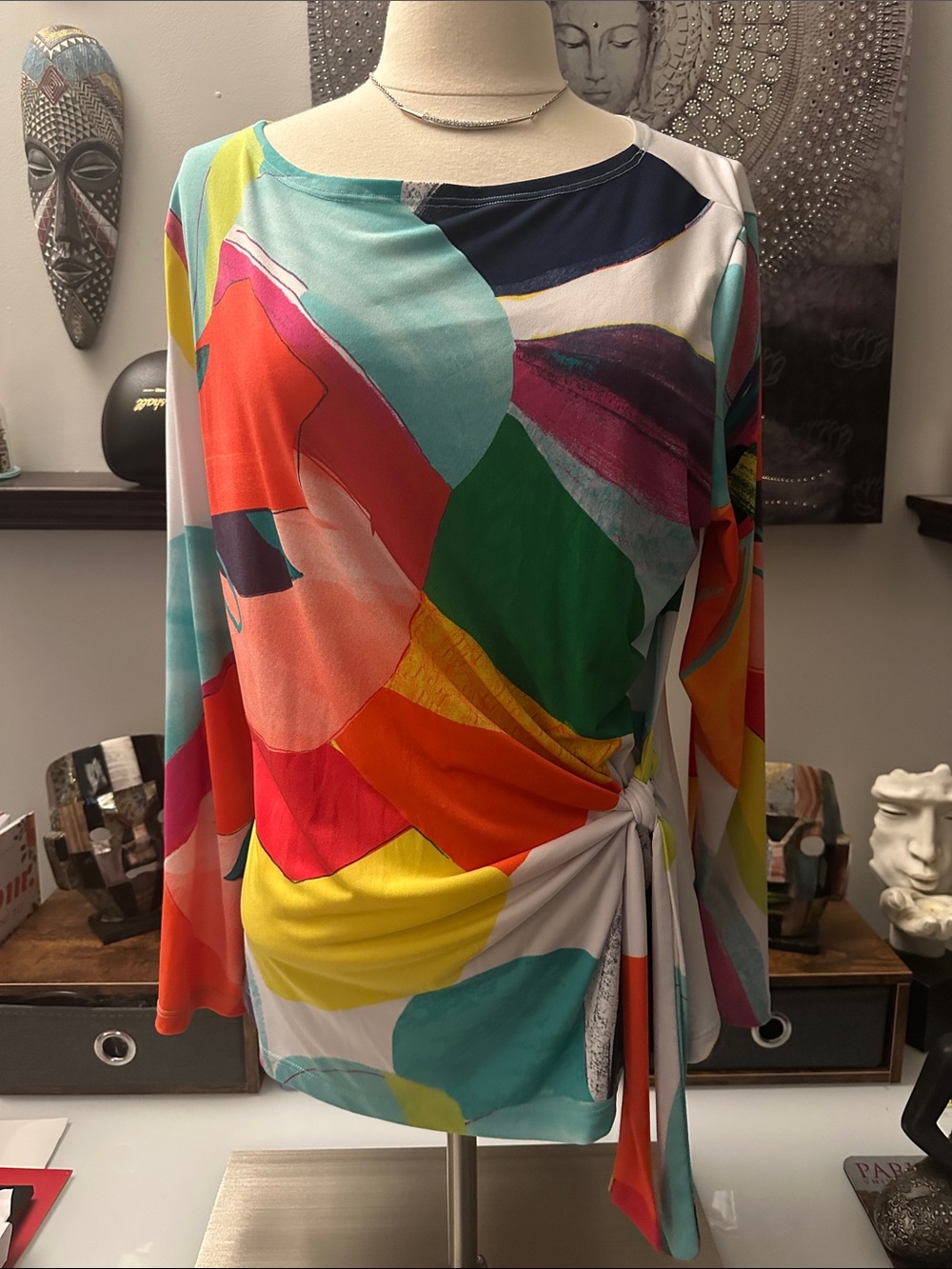 Clara Sun Woo Vibrant Multicolor Abstract Tie-Waist Blouse